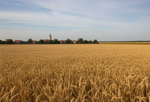 Golden wheat field with a village in the distance